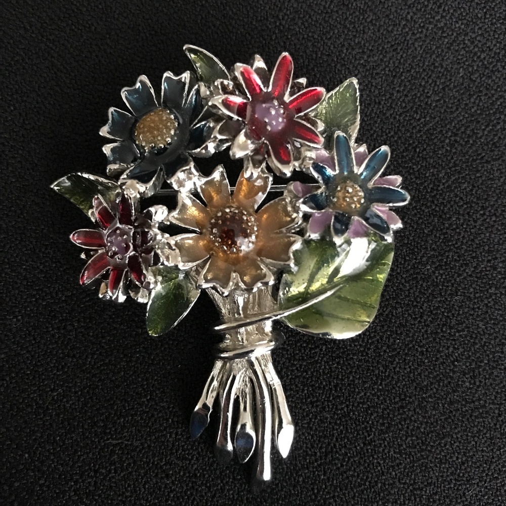 Enamel and silver tone flower bouquet brooch